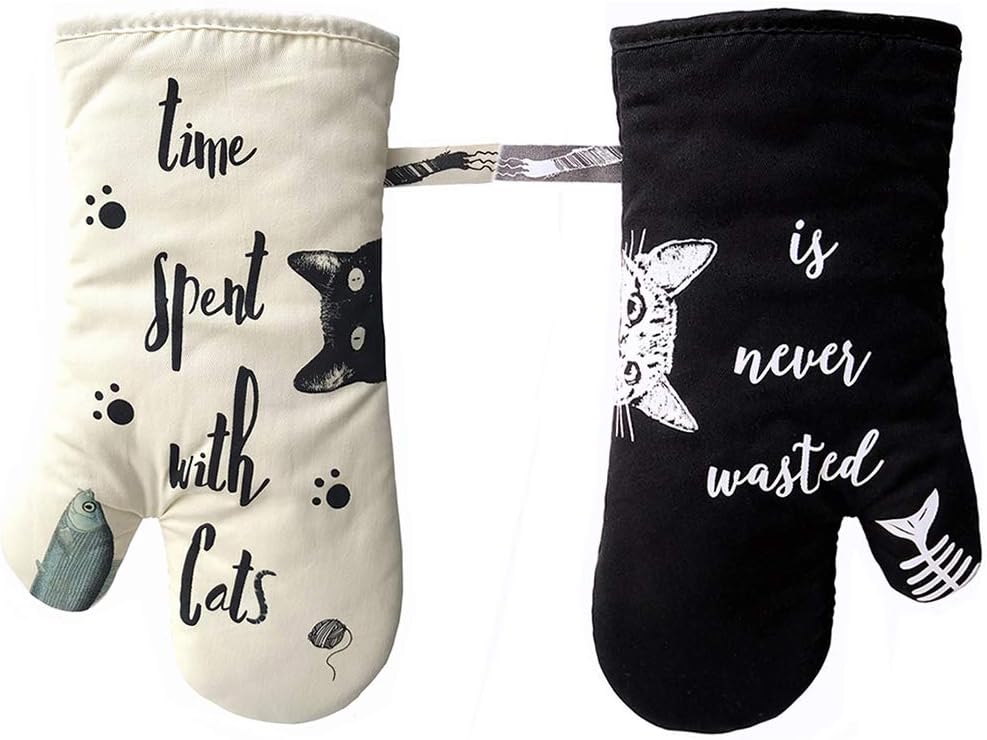 Oven Gloves - Cat Design - For Cooking And Baking - Size 17x31 Cm - Heat Resistant