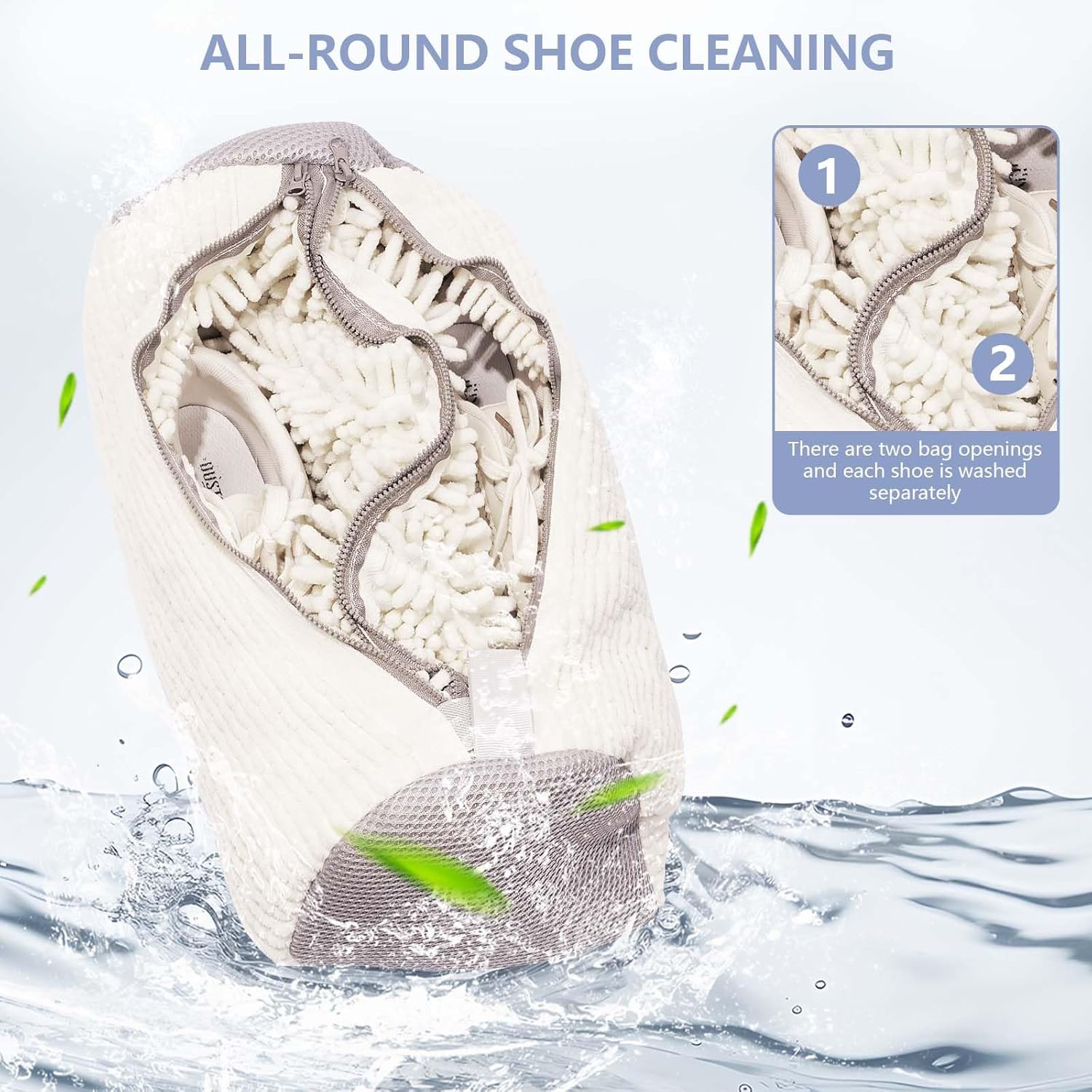 Shoe Wash Bag - Double Pocket with Concealed Zipper - For Machine Washing - 360 Degree Cleaning - White Color