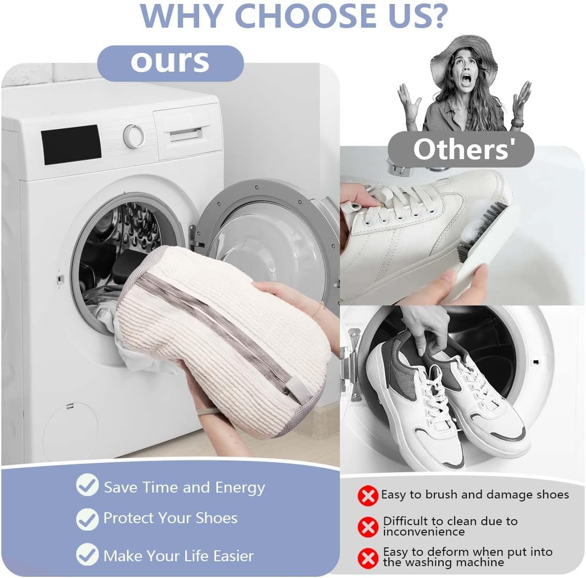 Shoe Wash Bag - Double Pocket with Concealed Zipper - For Machine Washing - 360 Degree Cleaning - White Color