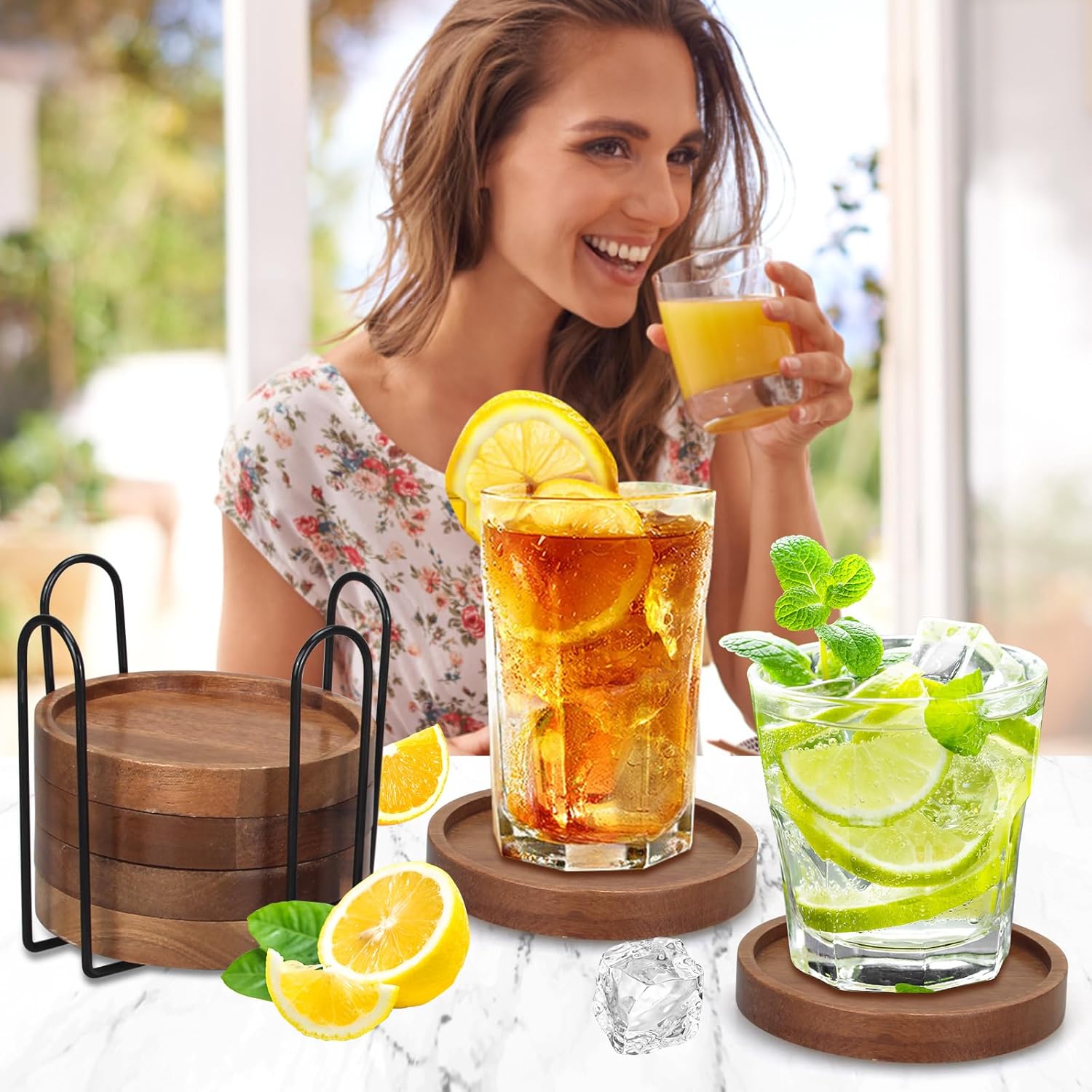 6 Pieces Best Wooden Coasters with Holder, Coffee Table Decor, Acacia Wood Coaster Set, Modern Drink Coaster, Dining Table, Kitchen Accessories, Cute Beer Bar, Decorative Rustic Coasters for Outdoors