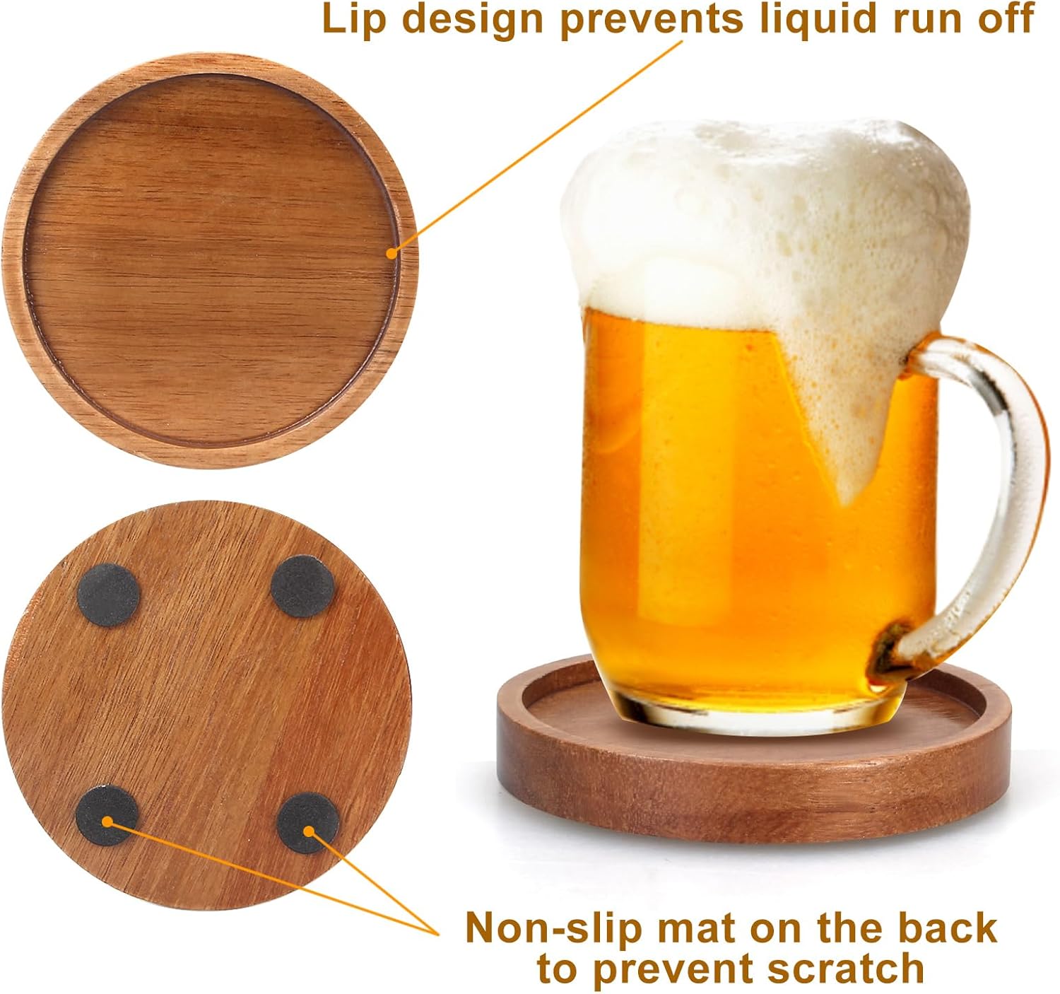 6 Pieces Best Wooden Coasters with Holder, Coffee Table Decor, Acacia Wood Coaster Set, Modern Drink Coaster, Dining Table, Kitchen Accessories, Cute Beer Bar, Decorative Rustic Coasters for Outdoors