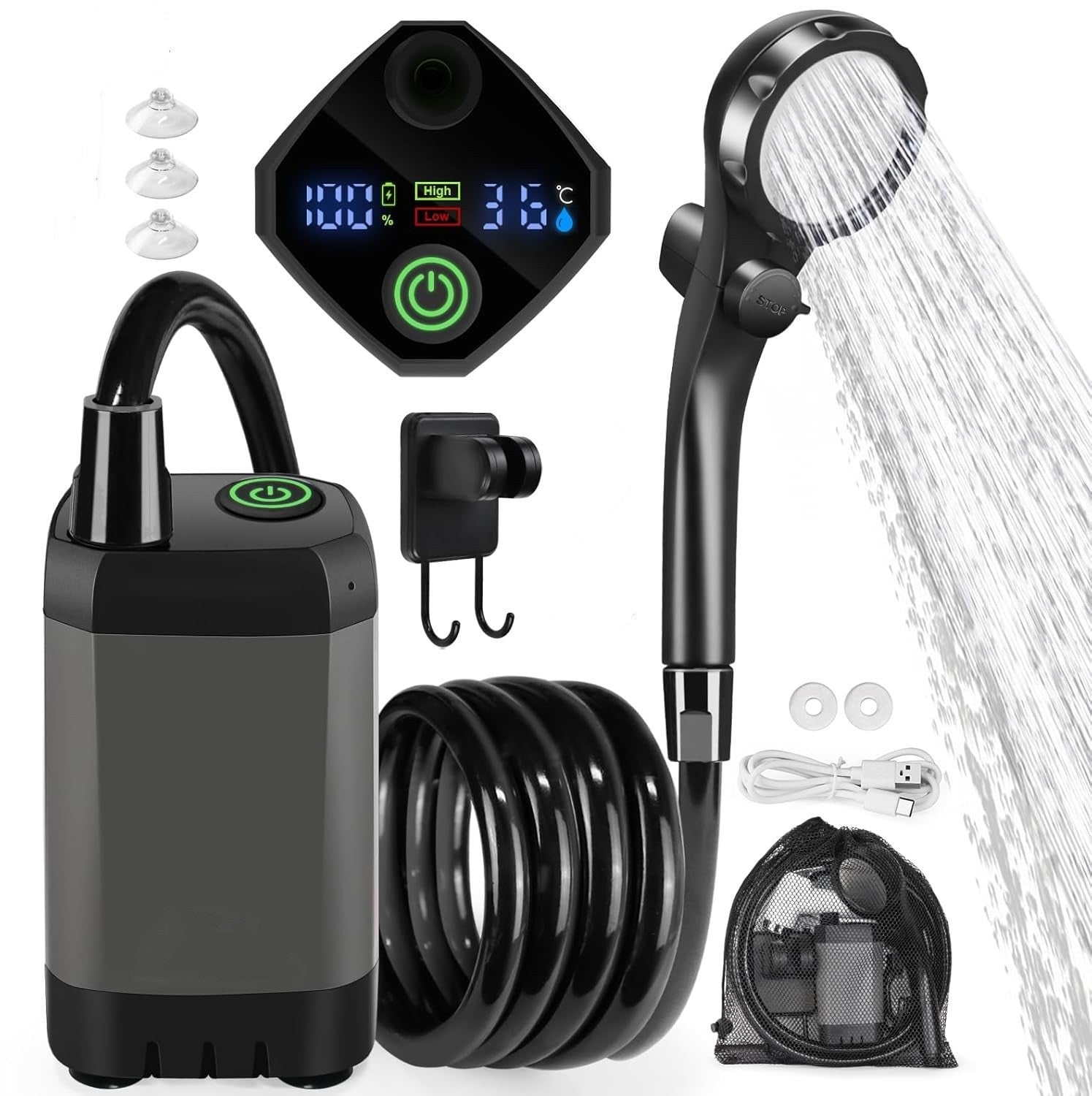 Portable Shower Pump with Rechargeable 6000mAh Battery - Outdoor Shower IPX7 Waterproof - With Temperature Display - Suitable for Camping, Car Washing and Pet Washing Gray