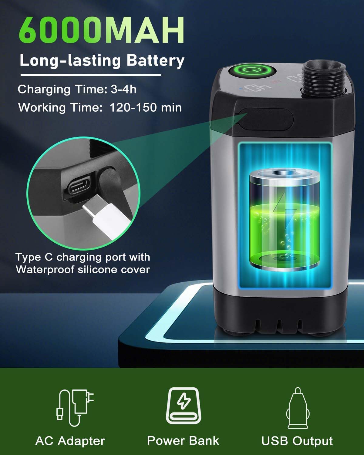 Portable Shower Pump with Rechargeable 6000mAh Battery - Outdoor Shower IPX7 Waterproof - With Temperature Display - Suitable for Camping, Car Washing and Pet Washing Gray