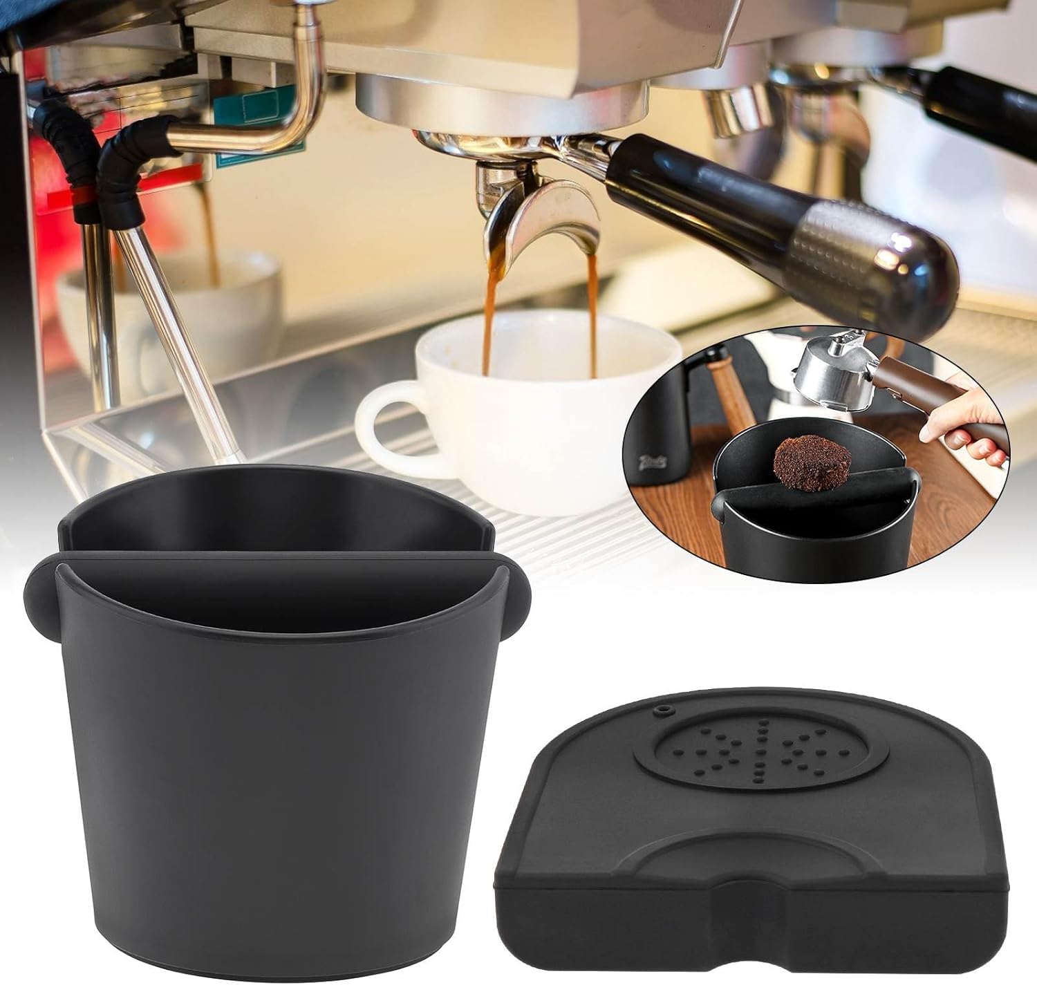 Silicone Coffee Grounds Container + Coffee Mat - Suitable for Office and Home - With Removable Tamper and Non-Slip Base
