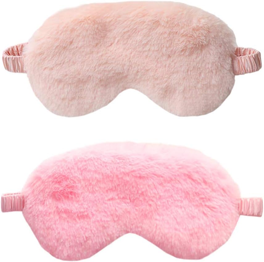 Faux Fur Eye Mask - Soft and Smooth Satin Eye Mask - Sleeping Eye Mask - 2-Pack Pink + Yellow-Pink