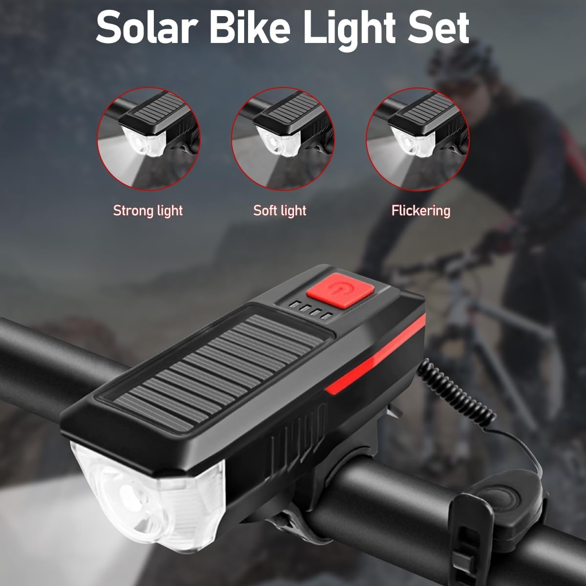 Bicycle Light - Rechargeable Solar Bike Light with 120dB Horn and 1500mAh Battery - USB and Solar Powered Rechargeable, 3 Lighting Modes and 4 Flashing Modes - Waterproof and Durable Bicycle Light for Front and Rear Light