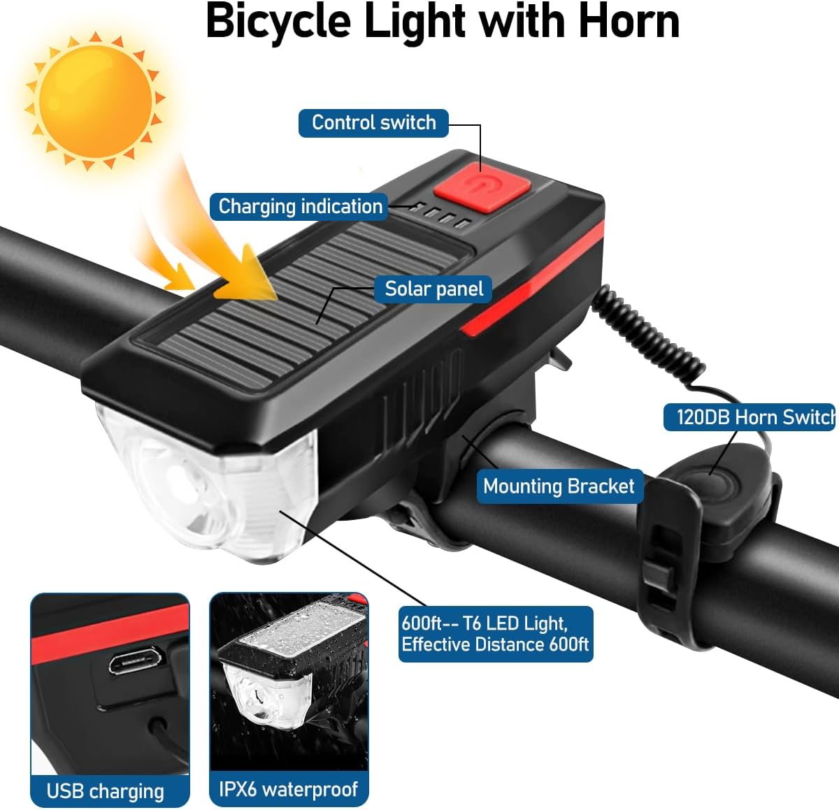 Bicycle Light - Rechargeable Solar Bike Light with 120dB Horn and 1500mAh Battery - USB and Solar Powered Rechargeable, 3 Lighting Modes and 4 Flashing Modes - Waterproof and Durable Bicycle Light for Front and Rear Light