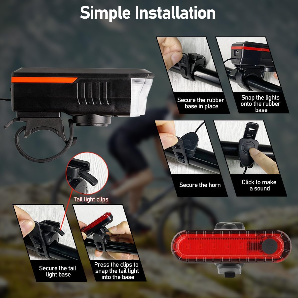 Bicycle Light - Rechargeable Solar Bike Light with 120dB Horn and 1500mAh Battery - USB and Solar Powered Rechargeable, 3 Lighting Modes and 4 Flashing Modes - Waterproof and Durable Bicycle Light for Front and Rear Light