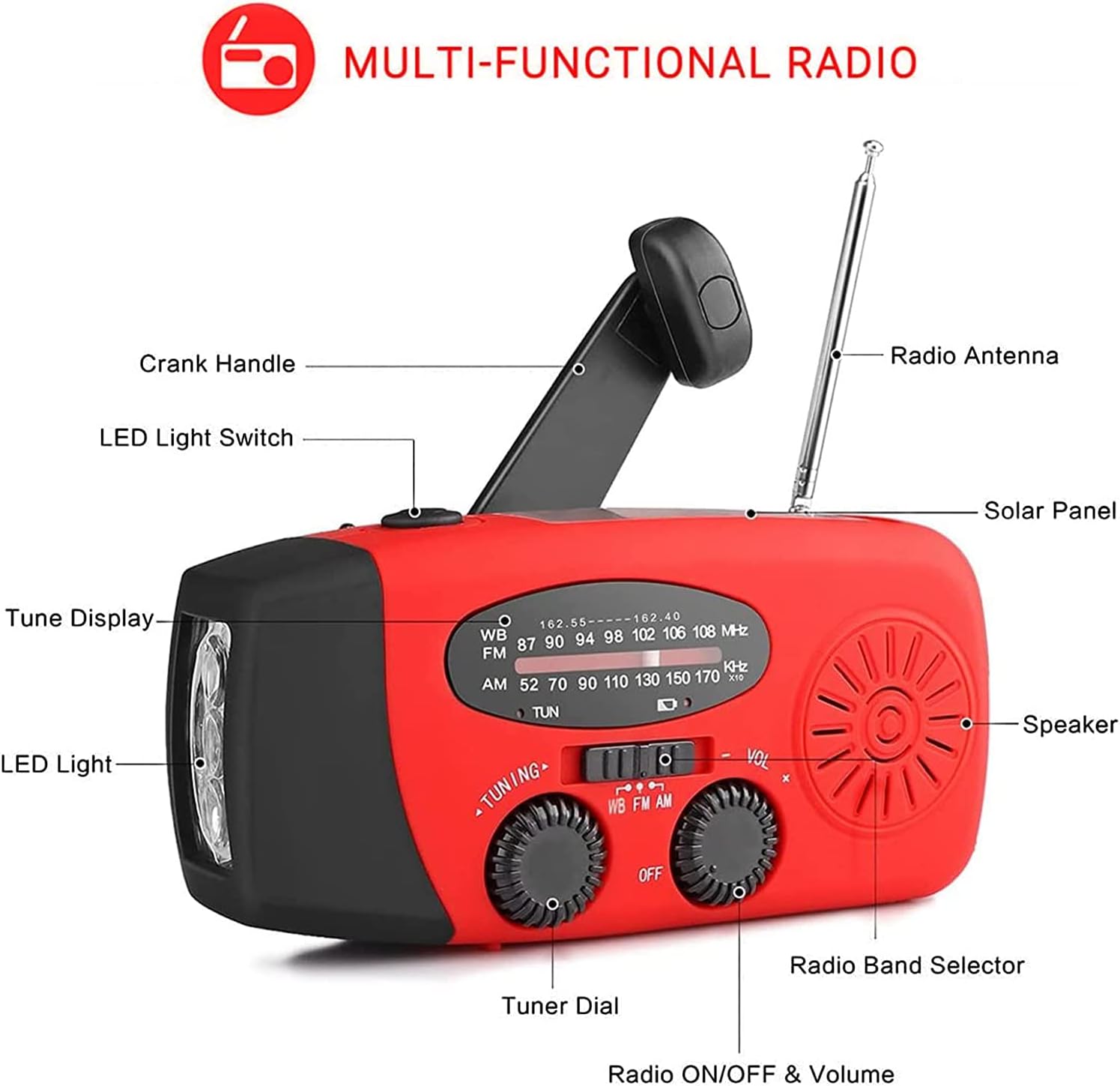 Emergency Radio Solar Wind-Up - Model 2025 - 2000 mAh Power Bank - AM/FM Radio with Flashlight & SOS - Emergency Kit for Camping & Disasters - Red
