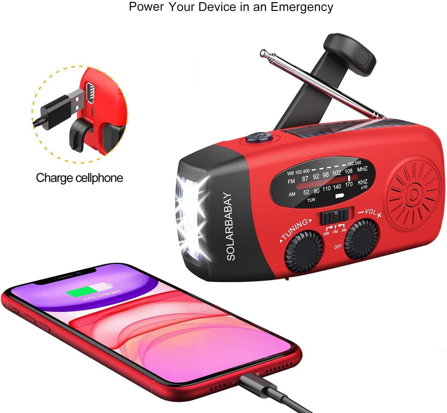 Emergency Radio Solar Wind-Up - Model 2025 - 2000 mAh Power Bank - AM/FM Radio with Flashlight & SOS - Emergency Kit for Camping & Disasters - Red