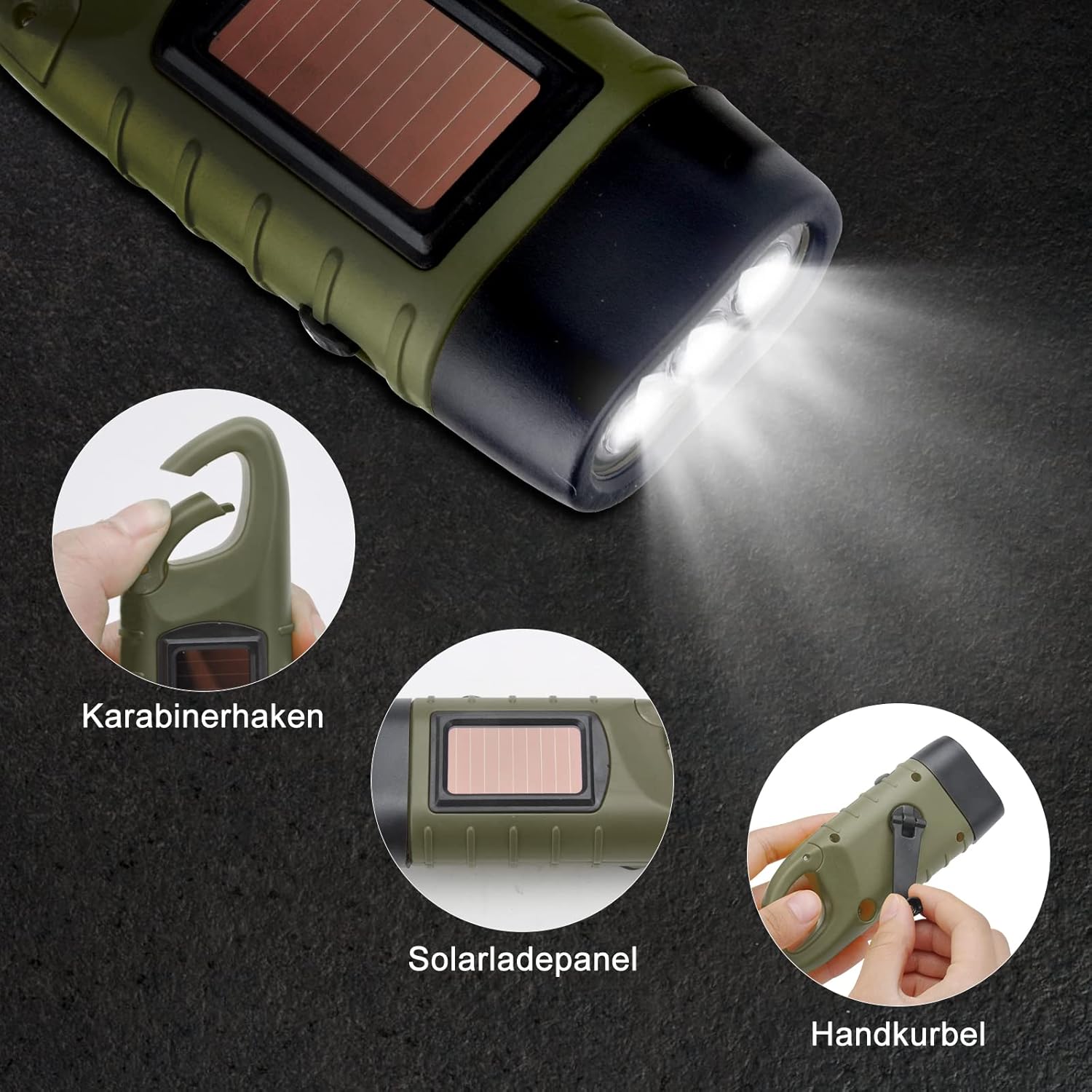 Emergency Flashlight - Military Clamp Rechargeable - Dynamo & Solar Powered - For Emergency Kits and Power Outages - Dark Green
