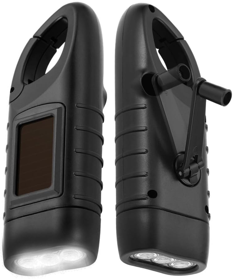 Emergency Flashlight - Military Clamp Rechargeable - Dynamo & Solar Powered - For Emergency Kits and Power Outages - Black - Set of 2