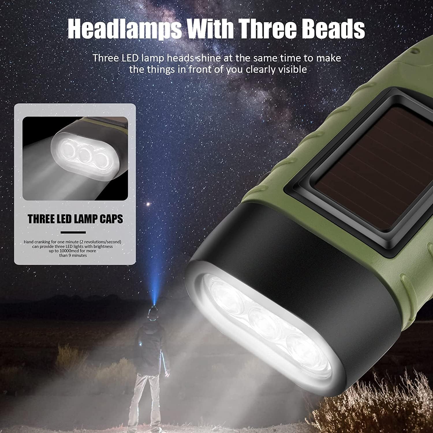 Emergency Flashlight - Military Clamp Rechargeable - Dynamo & Solar Powered - For Emergency Kits and Power Outages - Black - Set of 2