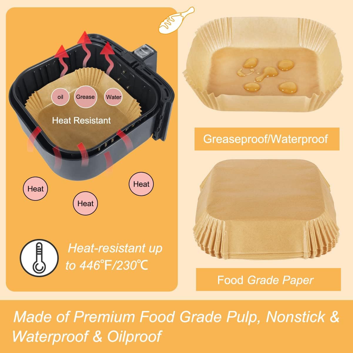 Disposable Airfryer Paper Square - Set of 50 - Brown - Greaseproof Baking Paper for Airfryer - Square Shape