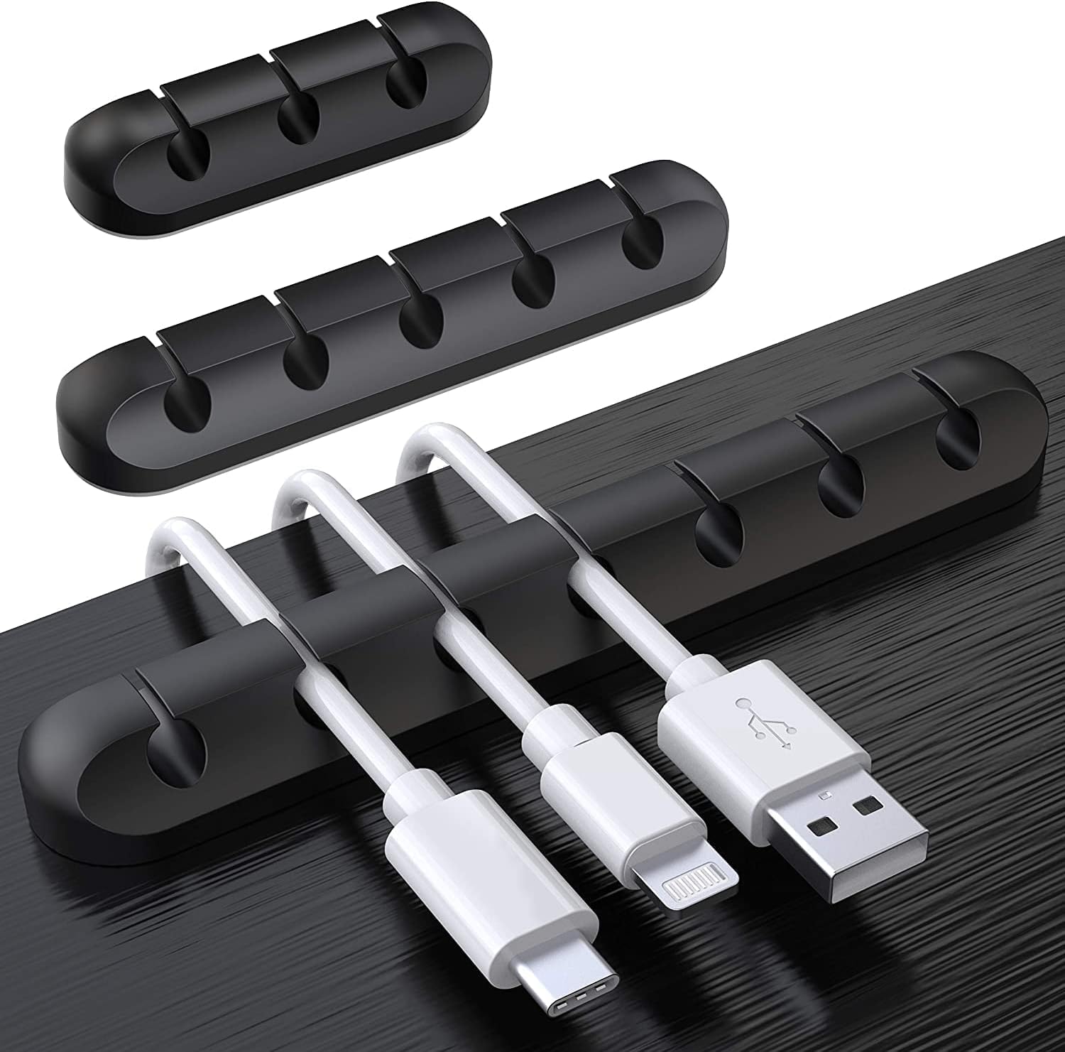 Black Cable Clips - Set of 3 - Self-Adhesive Cable Holders - Cable Management for Desk & Office