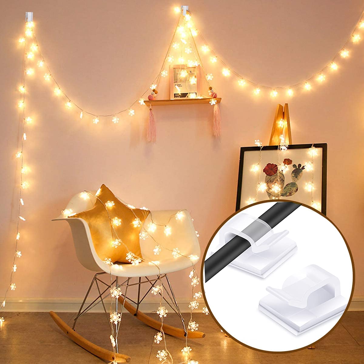 Cable Clips Transparent Red - Set of 60 - Self-Adhesive Cable Holders - For Christmas Lights & Cable Management - Indoor & Outdoor