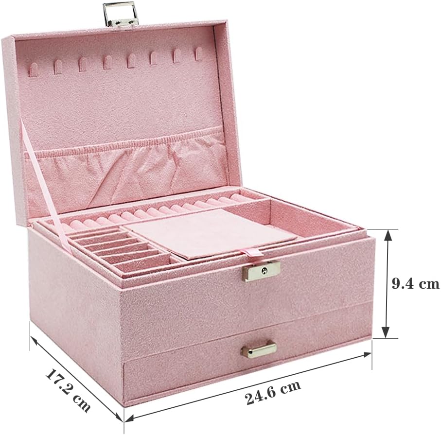 Velvet Jewelry Box with Lock - 3 Layers - Large Jewelry Organizer for Women - With Drawers & Compartments - Pink