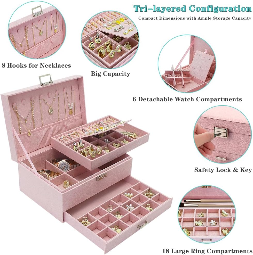 Velvet Jewelry Box with Lock - 3 Layers - Large Jewelry Organizer for Women - With Drawers & Compartments - Pink