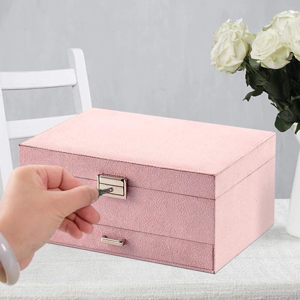 Velvet Jewelry Box with Lock - 3 Layers - Large Jewelry Organizer for Women - With Drawers & Compartments - Pink