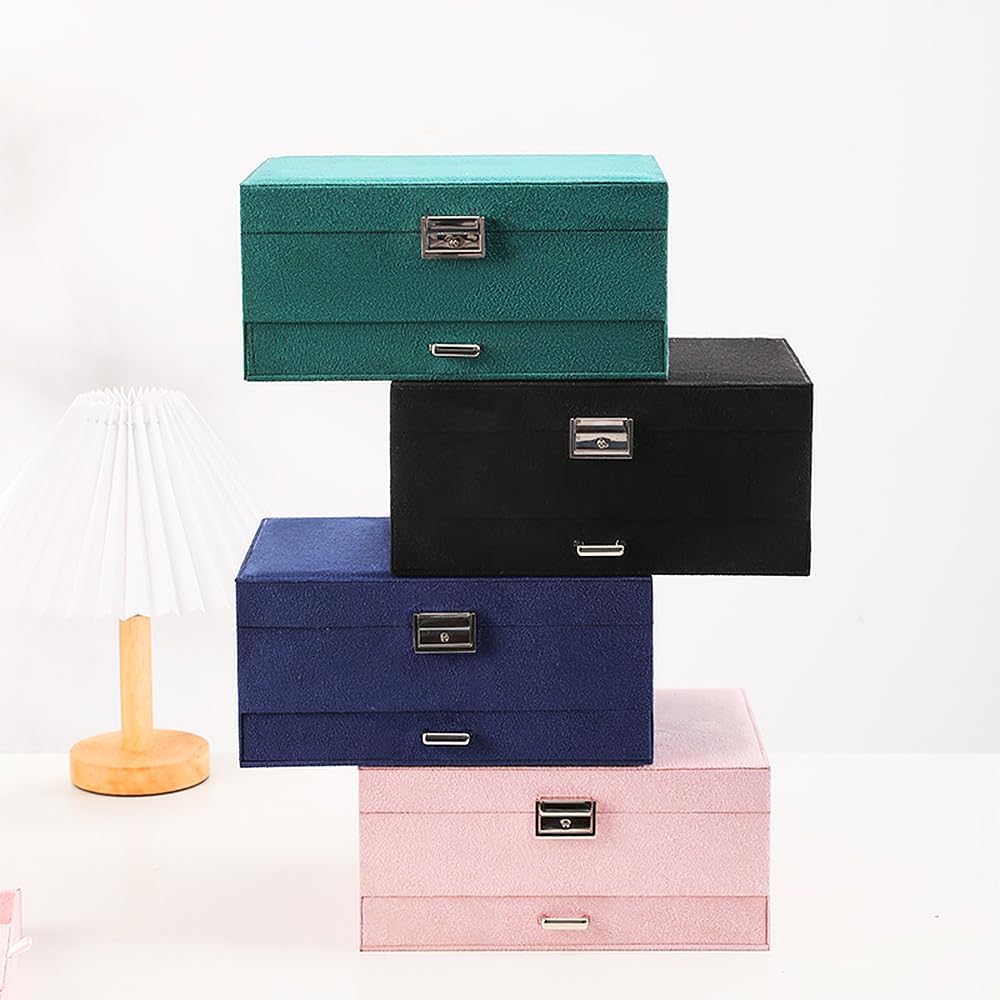 Velvet Jewelry Box with Lock - 3 Layers - Large Jewelry Organizer for Women - With Drawers & Compartments - Pink