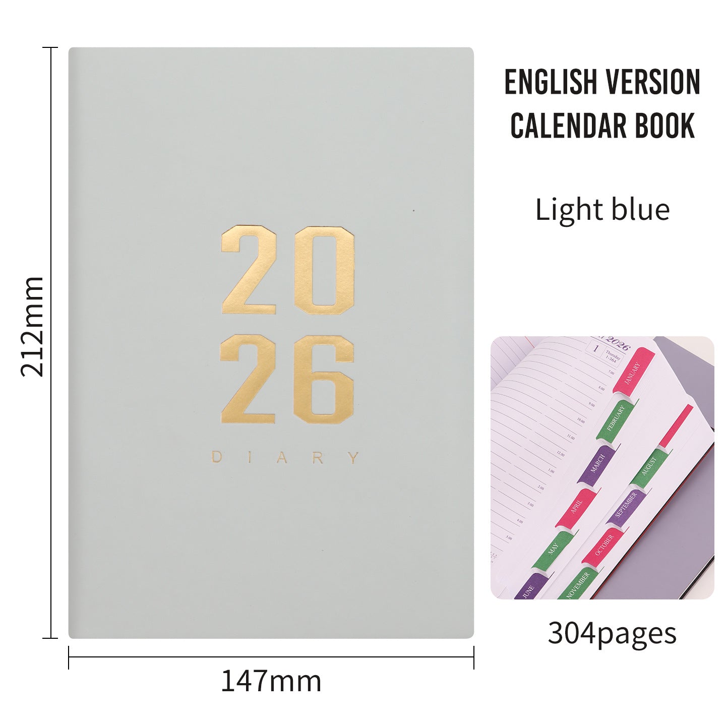 2026 Agenda - Daily Agenda - A5 Format - 1 Day per Page - 304 Pages - light blue - Hardcover