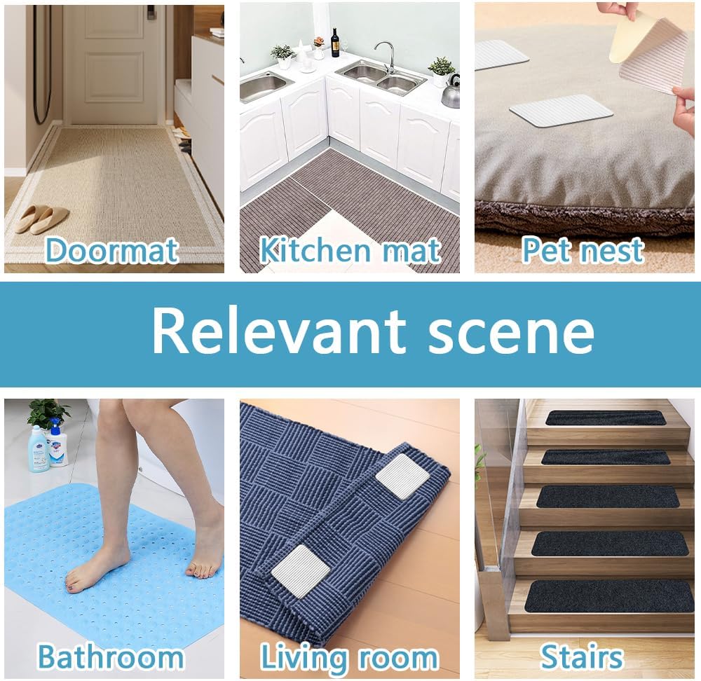 Rug Stoppers Square - Set of 8 - 10 x 10 cm - Anti-Slip Pads for Carpet - Washable & Reusable - Black