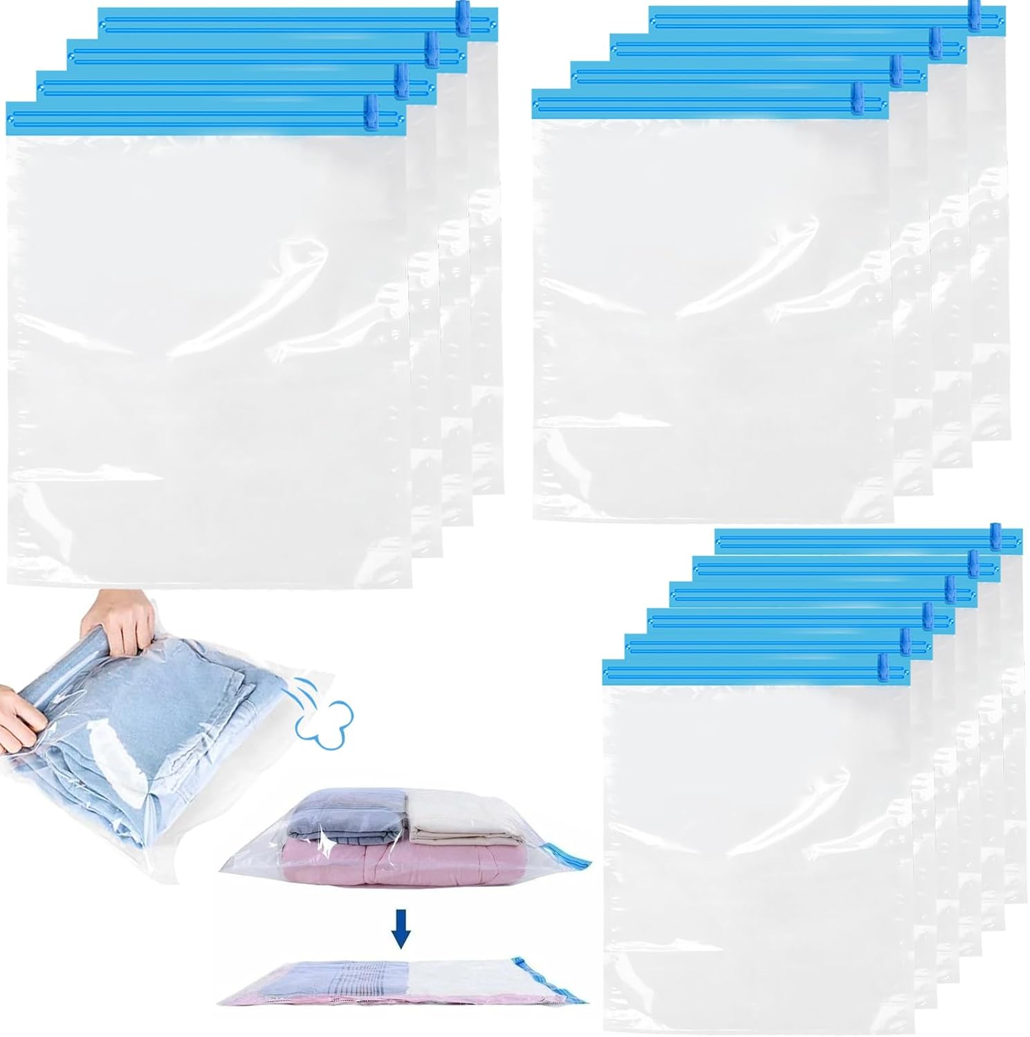 Roll Up Vacuum Bags for Travel - Pack of 14 - Clothing Compression Bags - No Pump Needed - 3 Sizes 35x50/40x50/40x60 cm