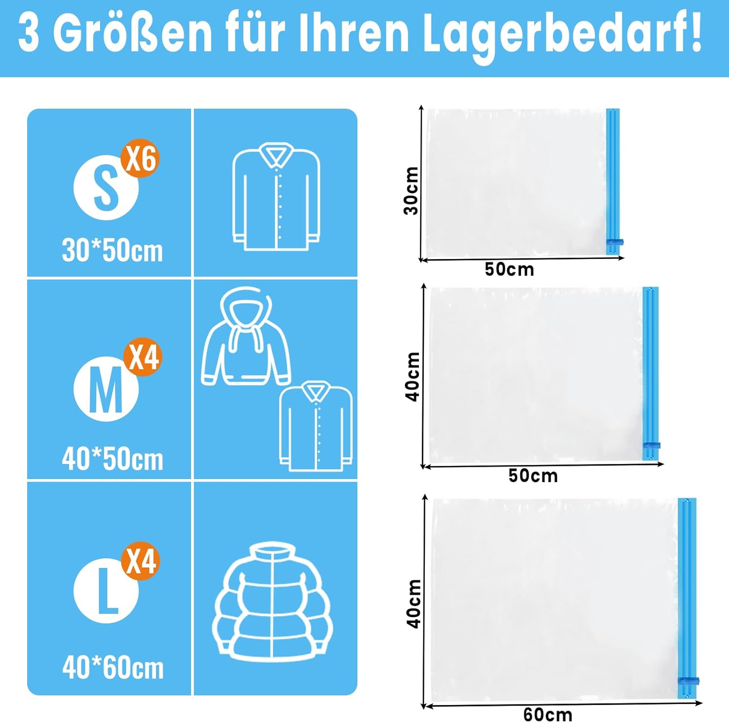 Roll Up Vacuum Bags for Travel - Pack of 14 - Clothing Compression Bags - No Pump Needed - 3 Sizes 35x50/40x50/40x60 cm