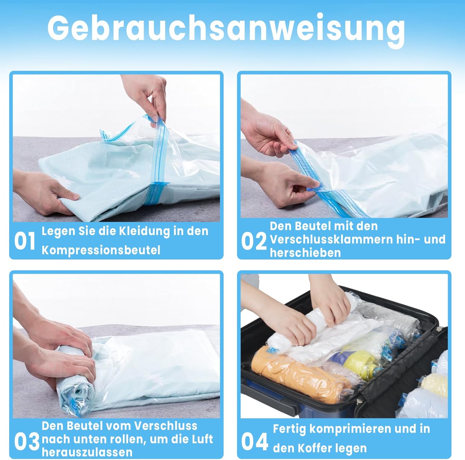 Roll Up Vacuum Bags for Travel - Pack of 14 - Clothing Compression Bags - No Pump Needed - 3 Sizes 35x50/40x50/40x60 cm