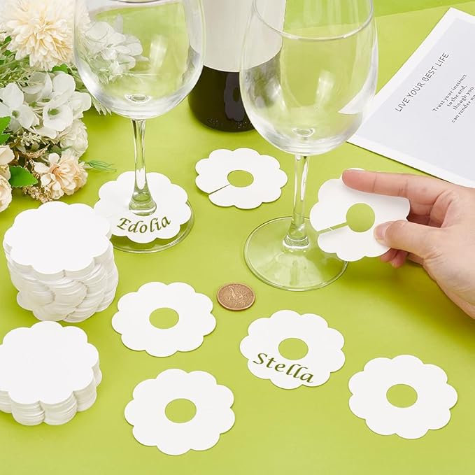 100 Pieces Wine Glass Markers Paper - Blank Flower Place Cards - DIY Wine Hangers for Weddings & Parties - White