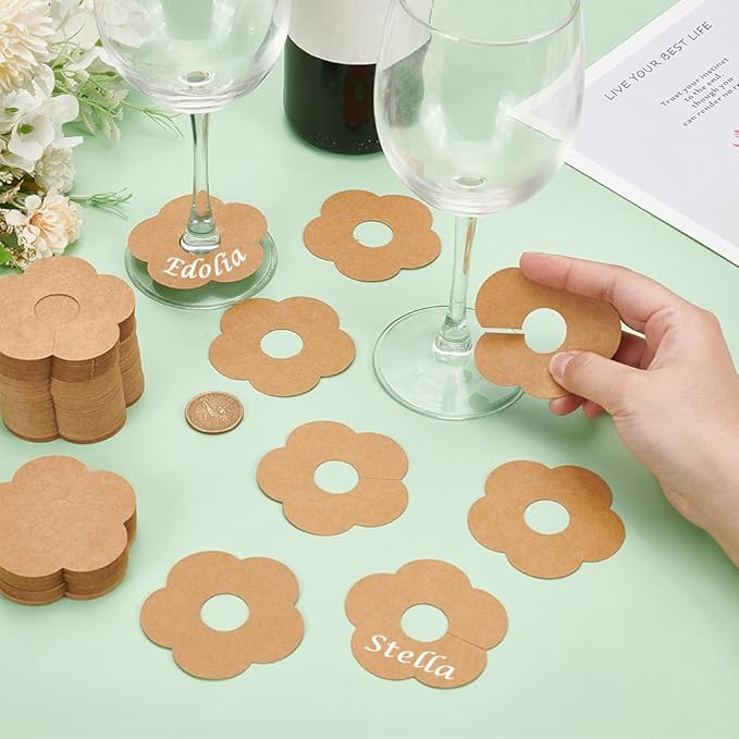 100 Pieces Wine Glass Markers Paper - Blank Flower Place Cards - DIY Wine Hangers for Weddings & Parties - Brown