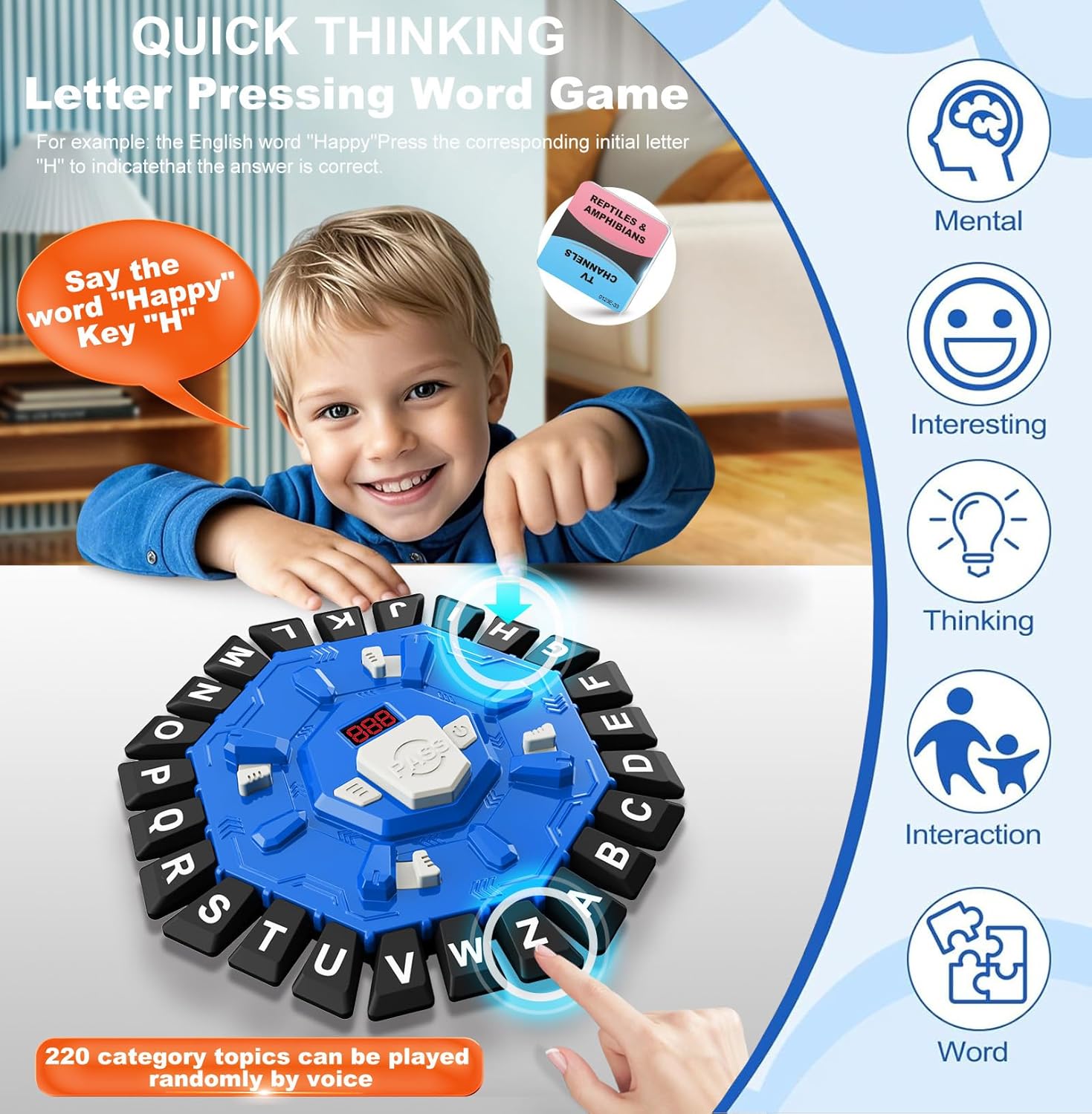 Board Game - 24-Letter Press Game - Fun and Fast Puzzle Game - Includes Two Modes - Covers 220 Theme Categories - Suitable for boys and girls aged 3 and up 2-8 players - Word Game for Kids and Adults, Christmas and Birthday Gift - Blue