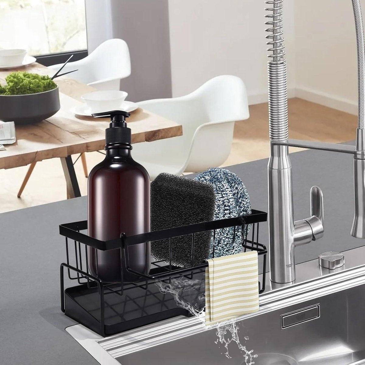 Allecta - Sponge holder and organizer for sink - Draining rack and soap dish with brush holder - Kitchen storage accessories - Grey.