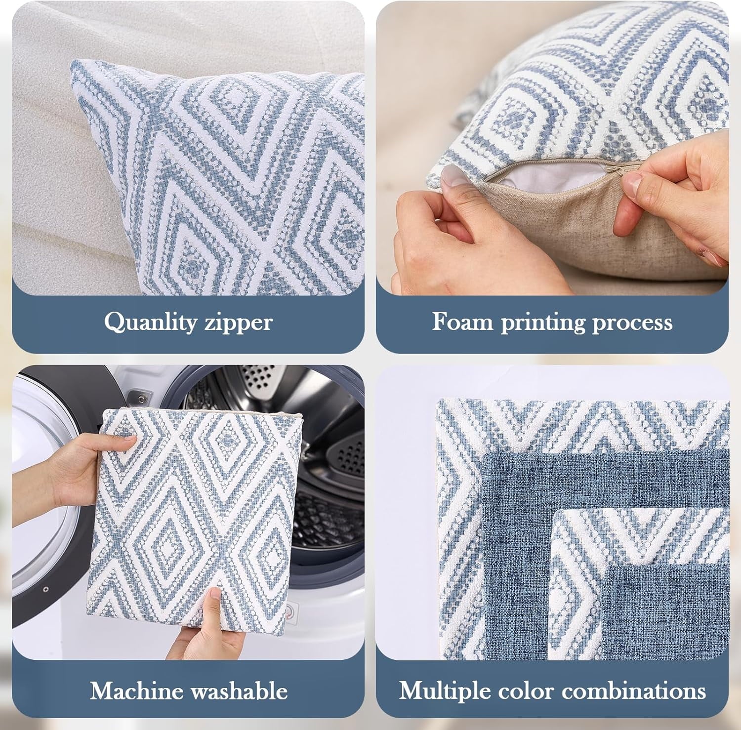 Decorative Set of 4 Square Couch Pillows Linen Cushion Cover for Couch Sofa Living Room, 18"x18" inches, Blue Blue 18x18 Inch Pillow Covers
