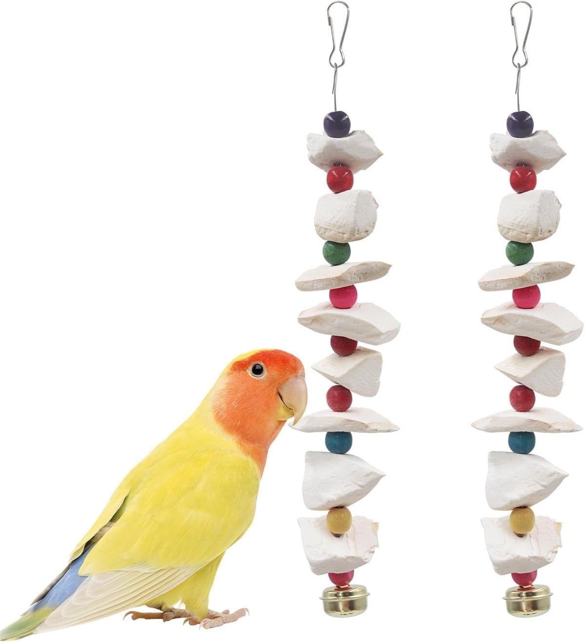 Tutuviw 2Pcs Bird Cuttlebone Chew Toy,Natural Calcium Cuddle Bone Sharp Beaks Cage Toy,Large Parrot Chewing Calcium Cuttlebone with Bells,Calcium Stone Chew Toy Grinding Teeth for Parrot Hamster