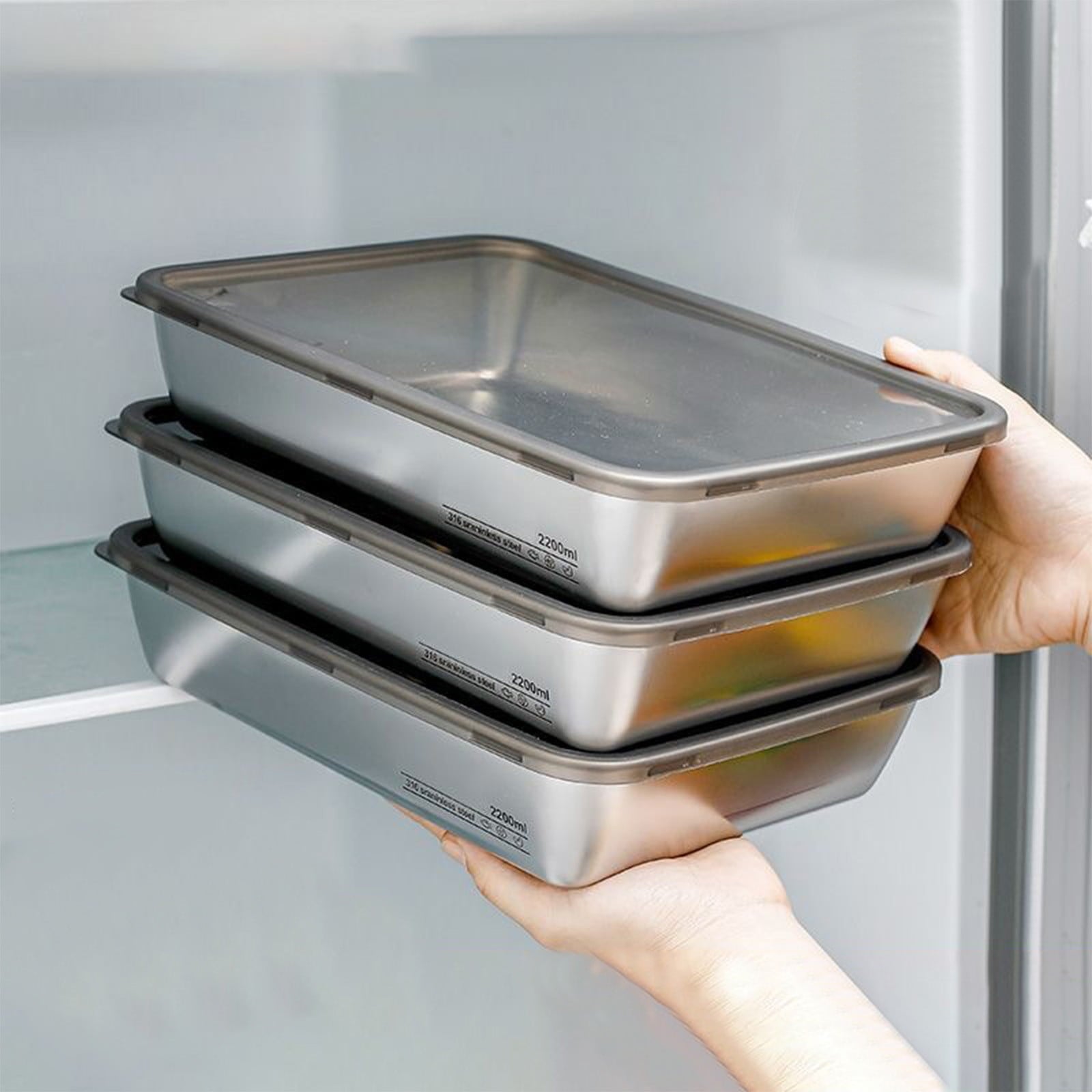 Large Stainless Steel Food Containers, Stainless Steel Dumpling Box, Rectangle Food Storage Box, Leak Proof Plastic Lid, Airtight Meat Storage Container, for Fridge, Kitchen, Dishwasher Safe