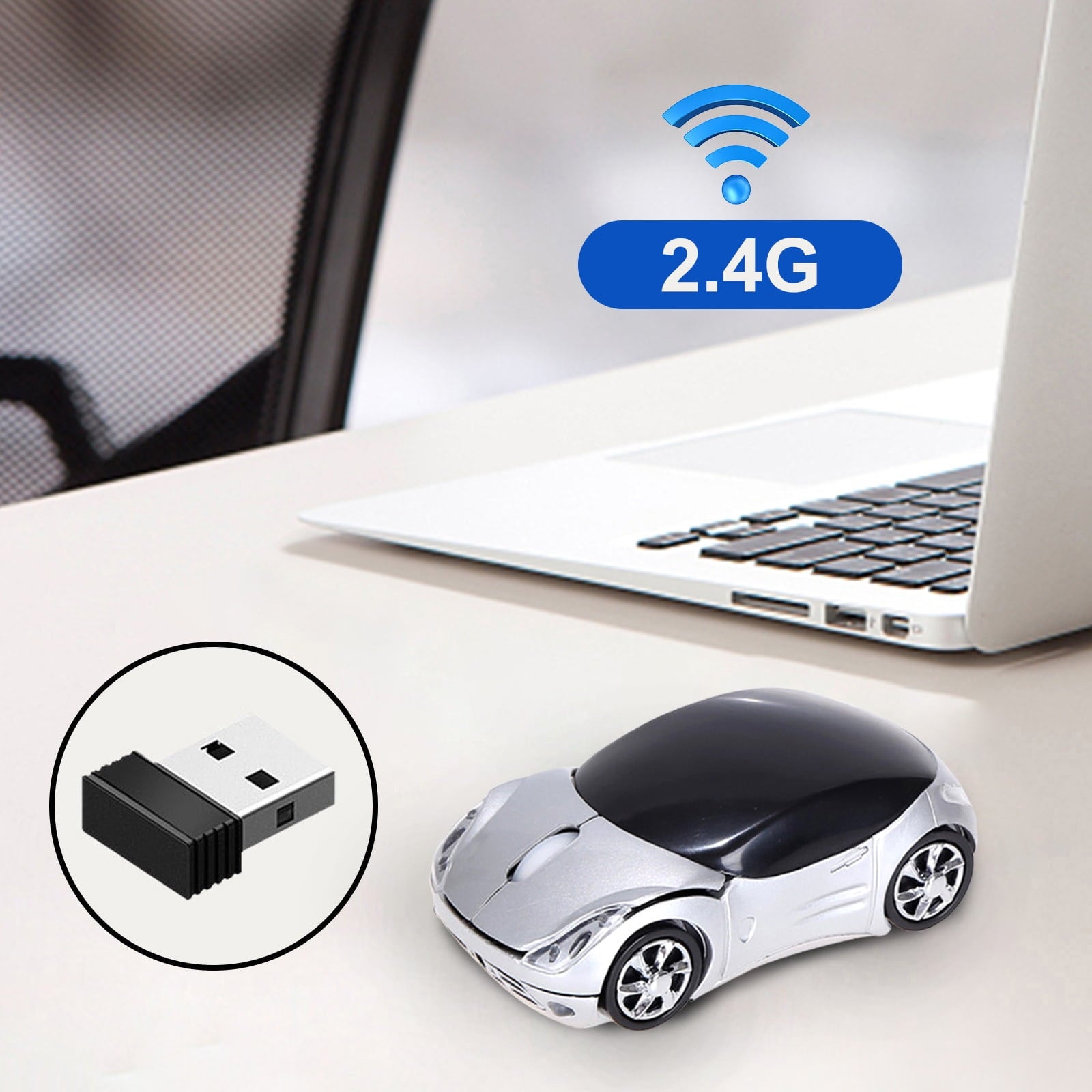 2.4G Wireless Mouse, Cute Car Mouse, 2.4G Wireless 10m Range and USB Plug and Play, 1200DPI Optical Tracking, for PC Computer Laptop Tablet, with LED Light