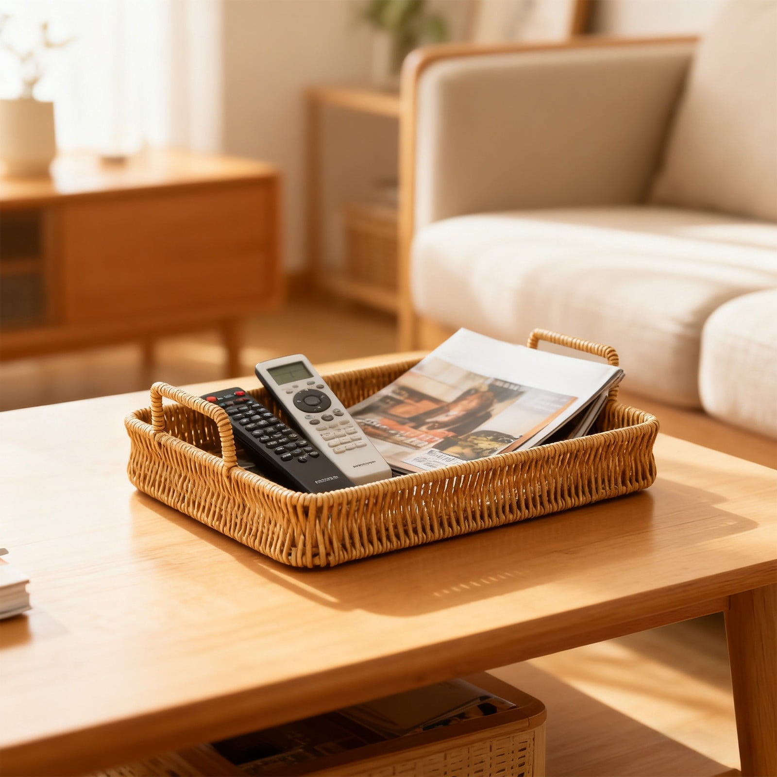 Woven Serving Tray with Handles, Handmade Poly Wicker Tray for Storage Breakfast, Drinks, Fruits, Rectangular Basket Organizer Platters, for Coffee Table Centerpiece Decor