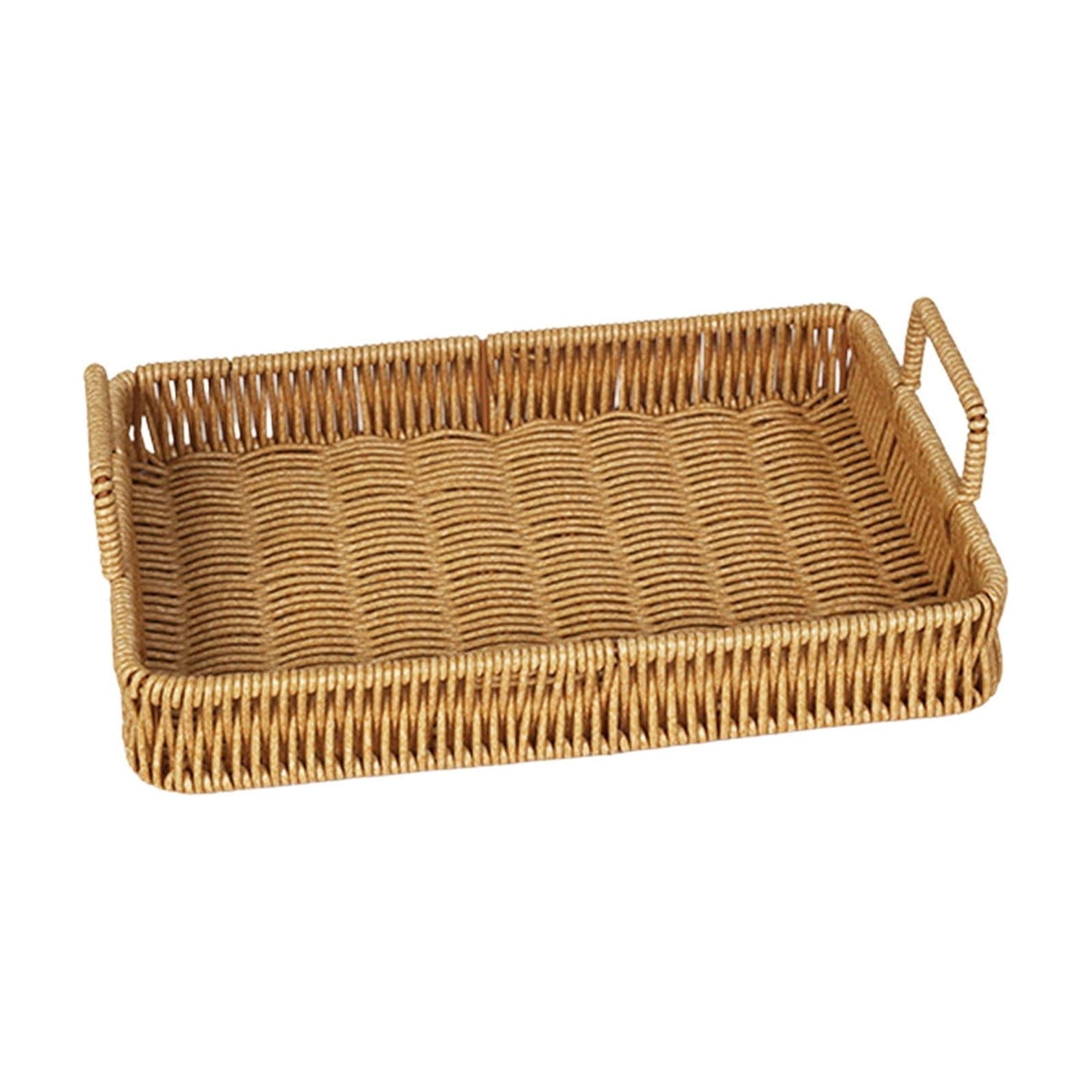 Woven Serving Tray with Handles, Handmade Poly Wicker Tray for Storage Breakfast, Drinks, Fruits, Rectangular Basket Organizer Platters, for Coffee Table Centerpiece Decor
