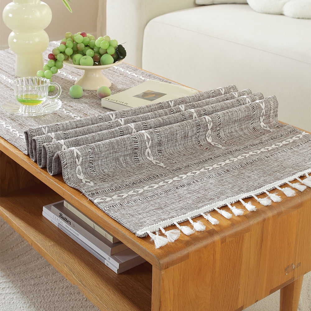 WCHUANG Coffee Table Cloth, Table Cover with Pockets and Tassel, Cotton Linen Rectangle Tablecloths Washer Dryer Fridge Top Dust Cover
