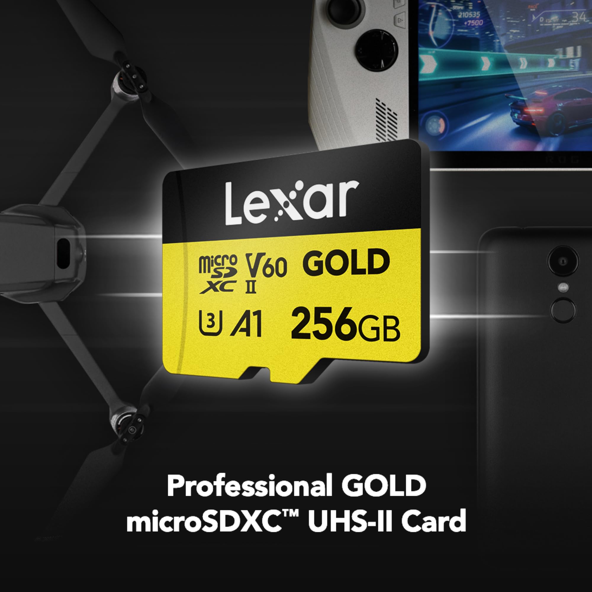 Lexar Professional Gold MicroSDXC Card UHS-II C10 U3 V60 A1 Full HD 4K UHD Reading Speed Up to 280MB/s Official Product 10 Year Manufacturer Warranty