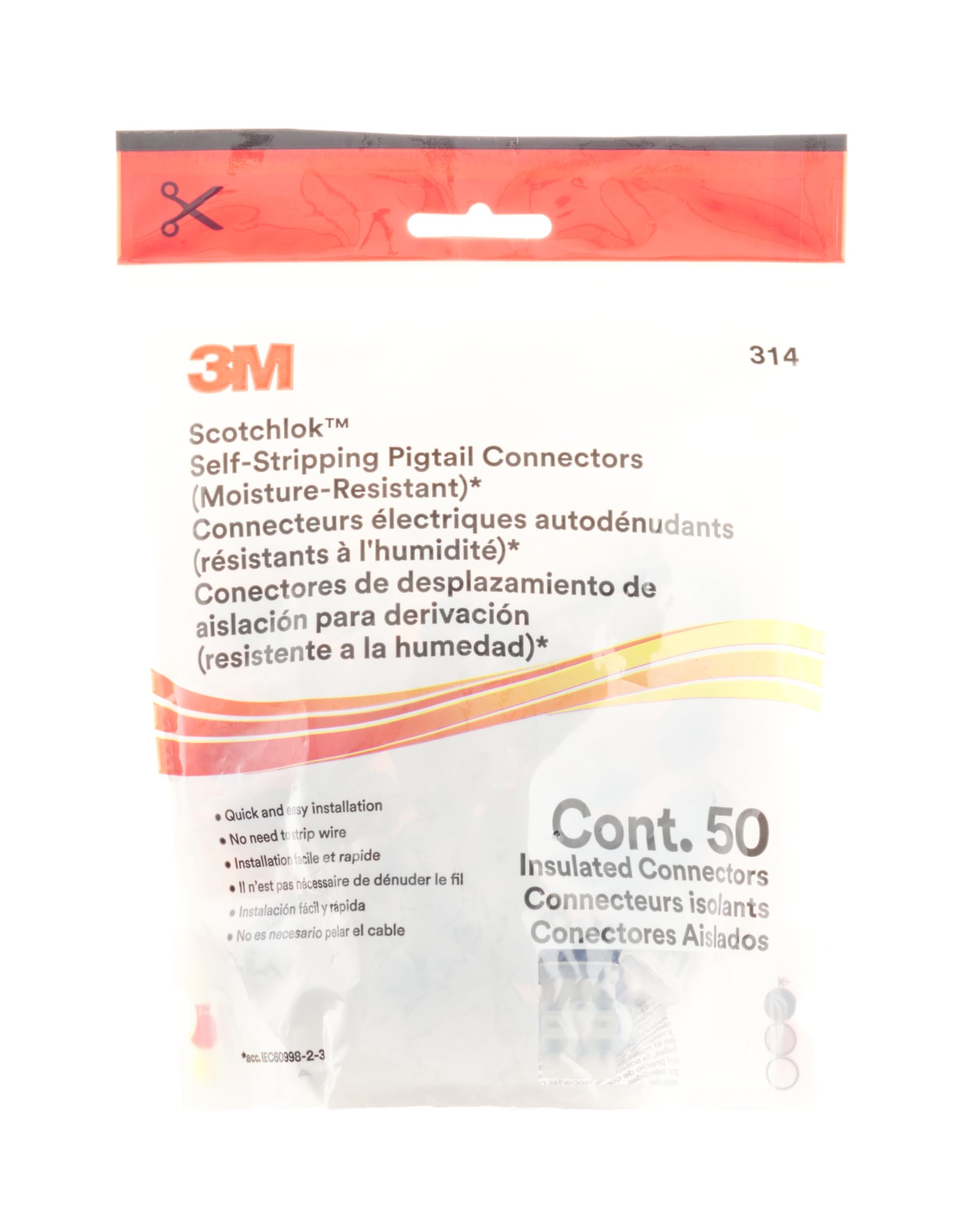 3M TM Scotchlok TM Electrical IDC 314-BOX, Pigtail, Self-Stripping, Moisture Resistant and Flame Retardant, Blue, 22-14 AWG, Pack of 50