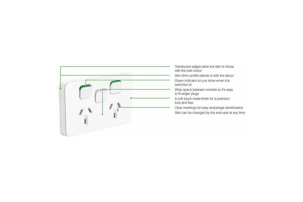 Iconic 250V 15A Horizontal Twin Socket Switch, Vivid White