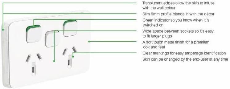 Iconic 250V 15A Horizontal Twin Socket Switch, Vivid White