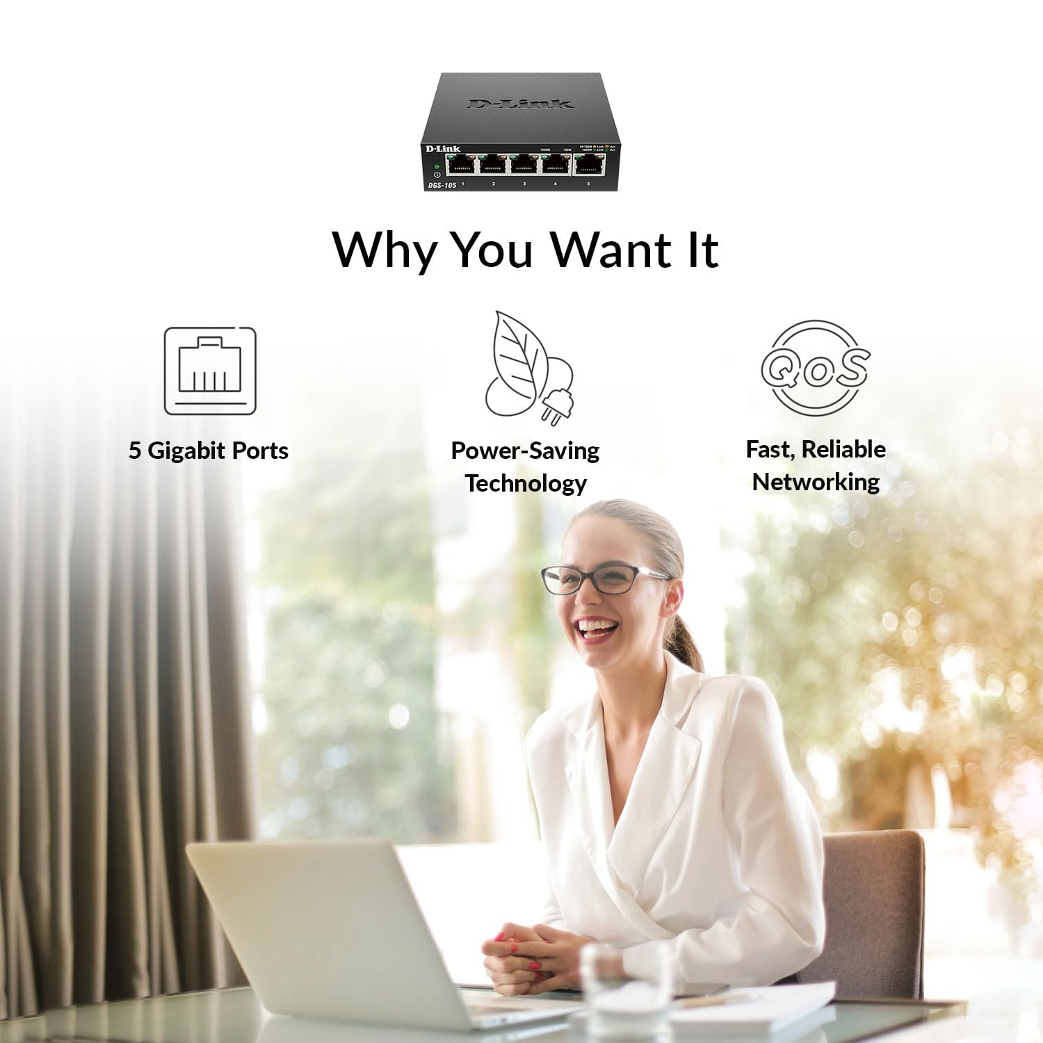 D-Link DGS-105 5-Port Gigabit Ethernet Switch - Desktop Quiet Fanless & Energy-Efficient Design, Metal Housing, 1Gbps Network Switch, Network Splitter, for Router, LAN, Home & Office, Plug & Play