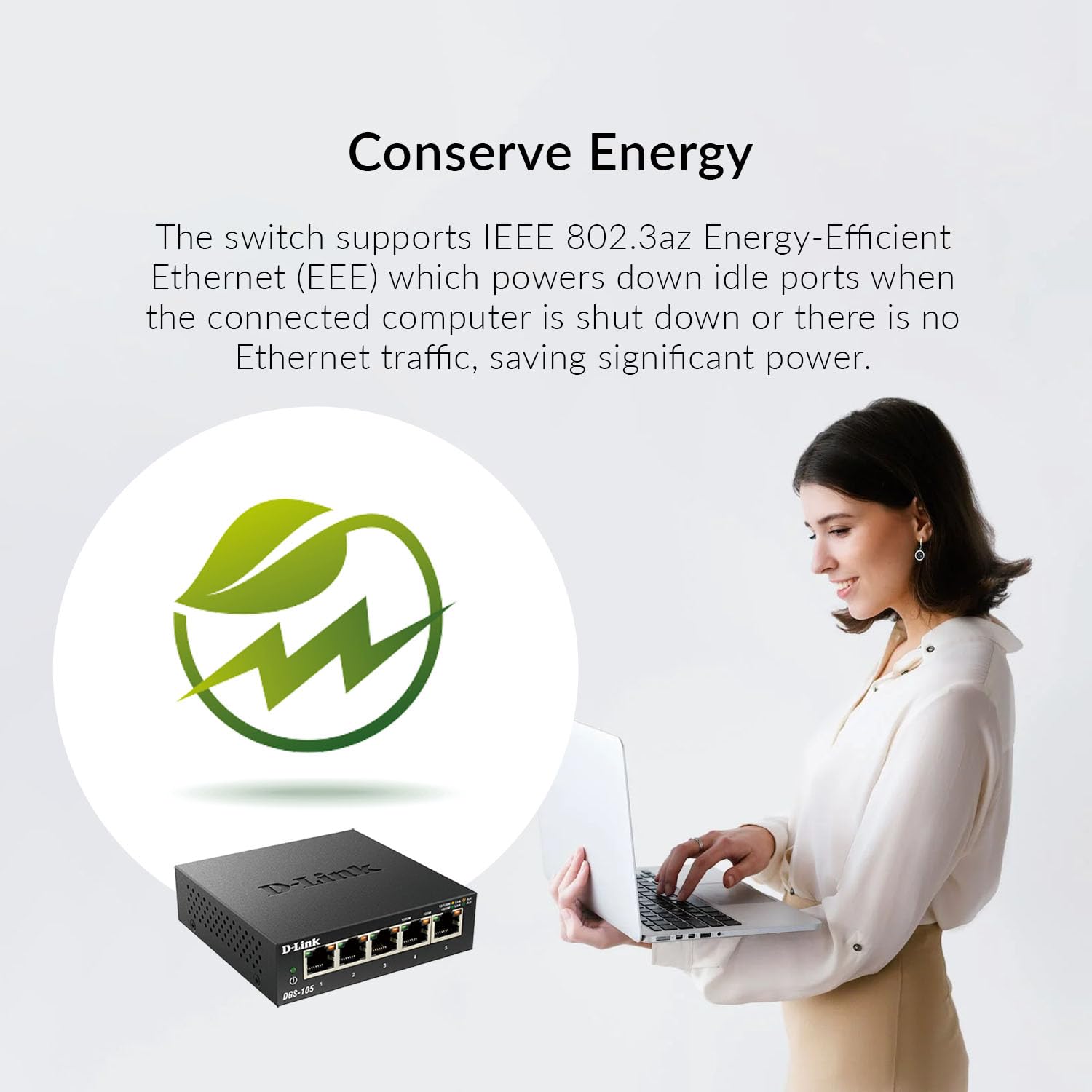 D-Link DGS-105 5-Port Gigabit Ethernet Switch - Desktop Quiet Fanless & Energy-Efficient Design, Metal Housing, 1Gbps Network Switch, Network Splitter, for Router, LAN, Home & Office, Plug & Play