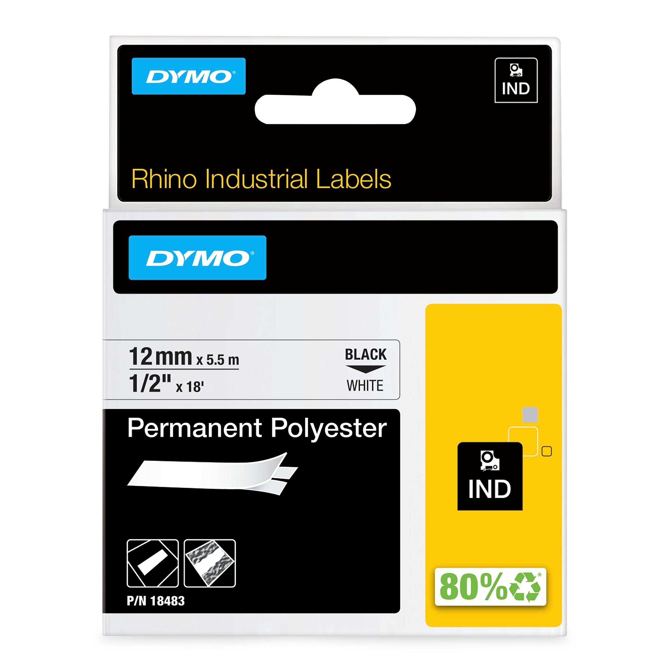 DYMO RhinoPRO Industrial-Strength Permanent Adhesive Fabric Label Tape, 12mm, 5.5m Cassette, White 18483