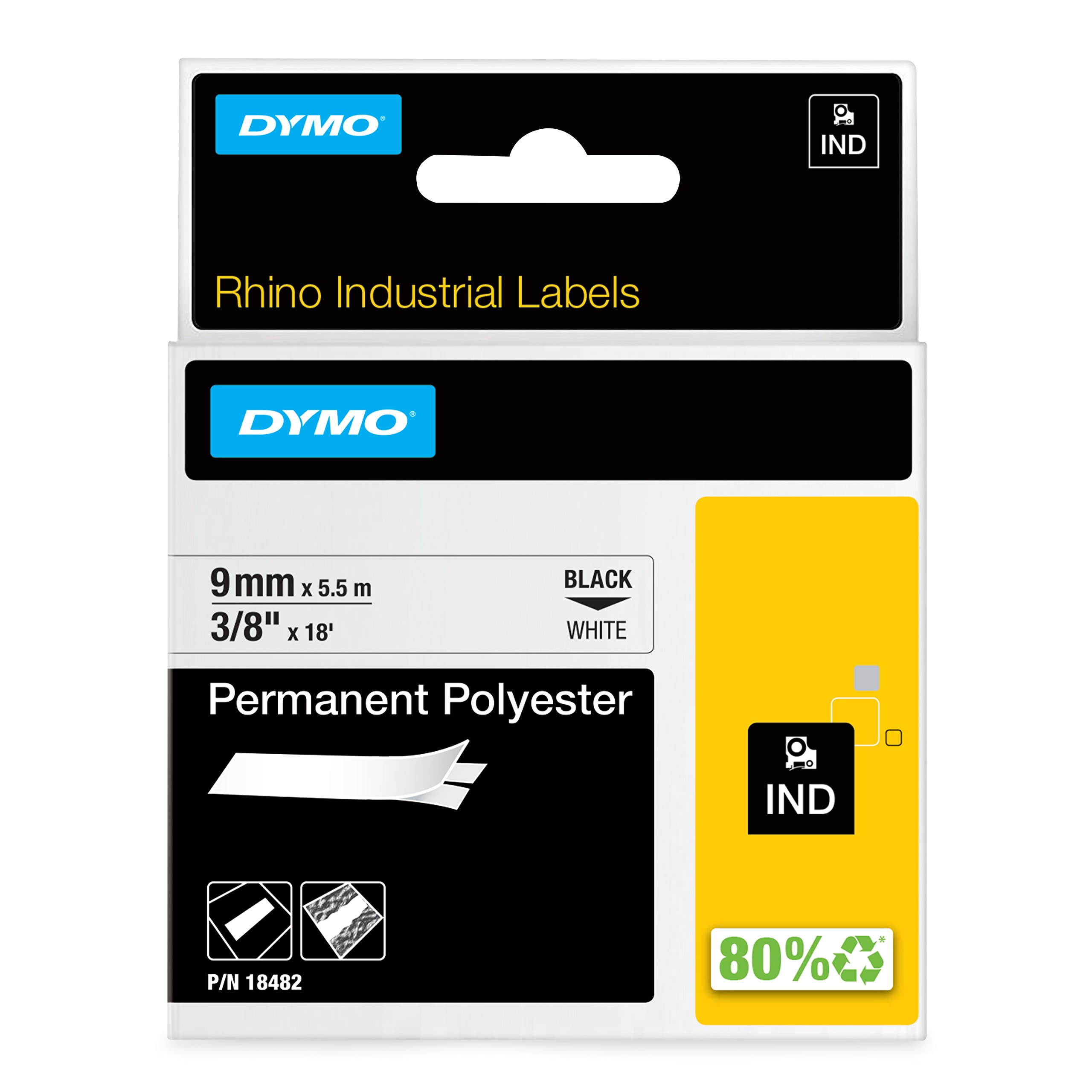 DYMO RhinoPRO Industrial-Strength Permanent Adhesive Fabric Label Tape, 12mm, 5.5m Cassette, White 18483