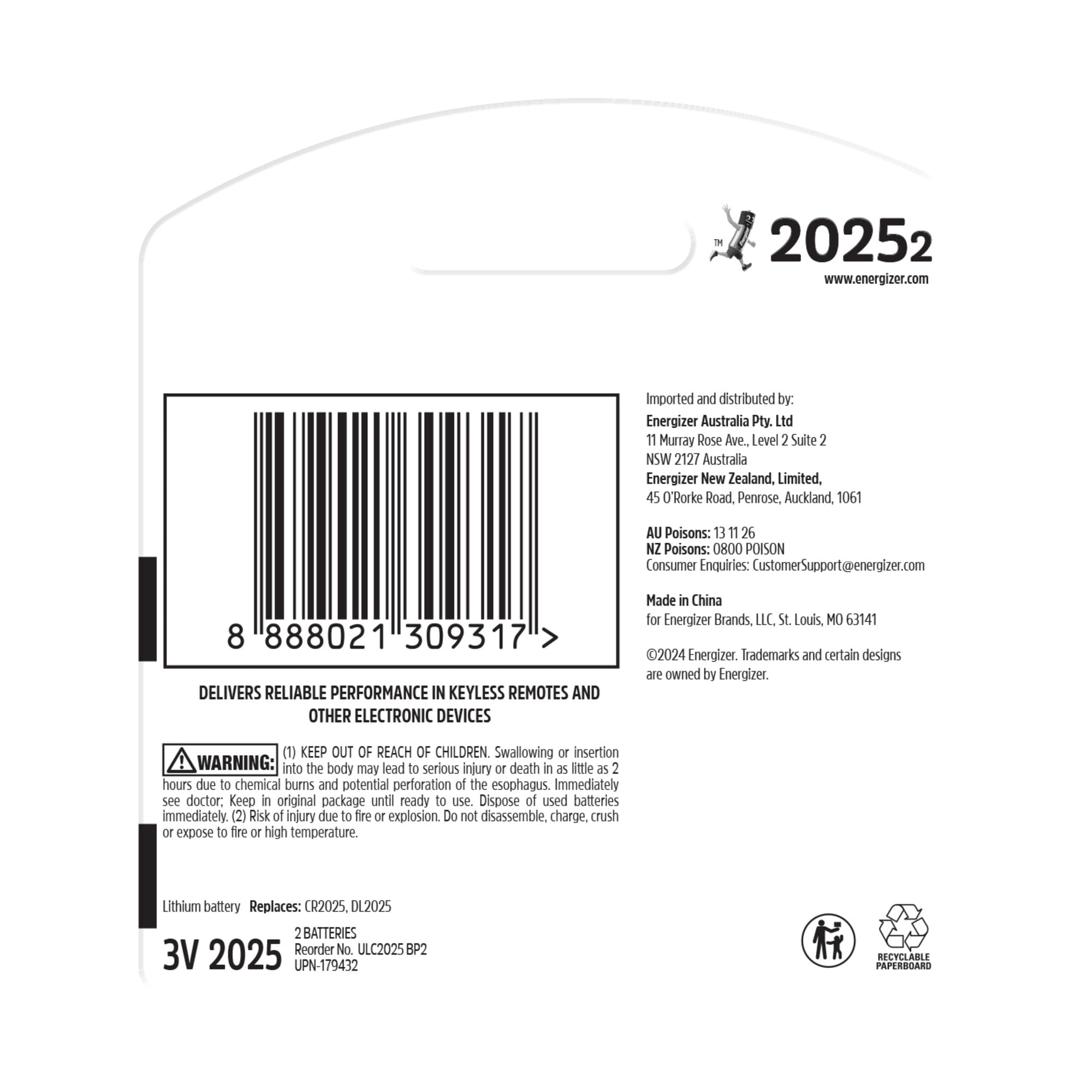 Energizer Reliable Lithium Ultimate CR2025 Coin Battery Pack of 4