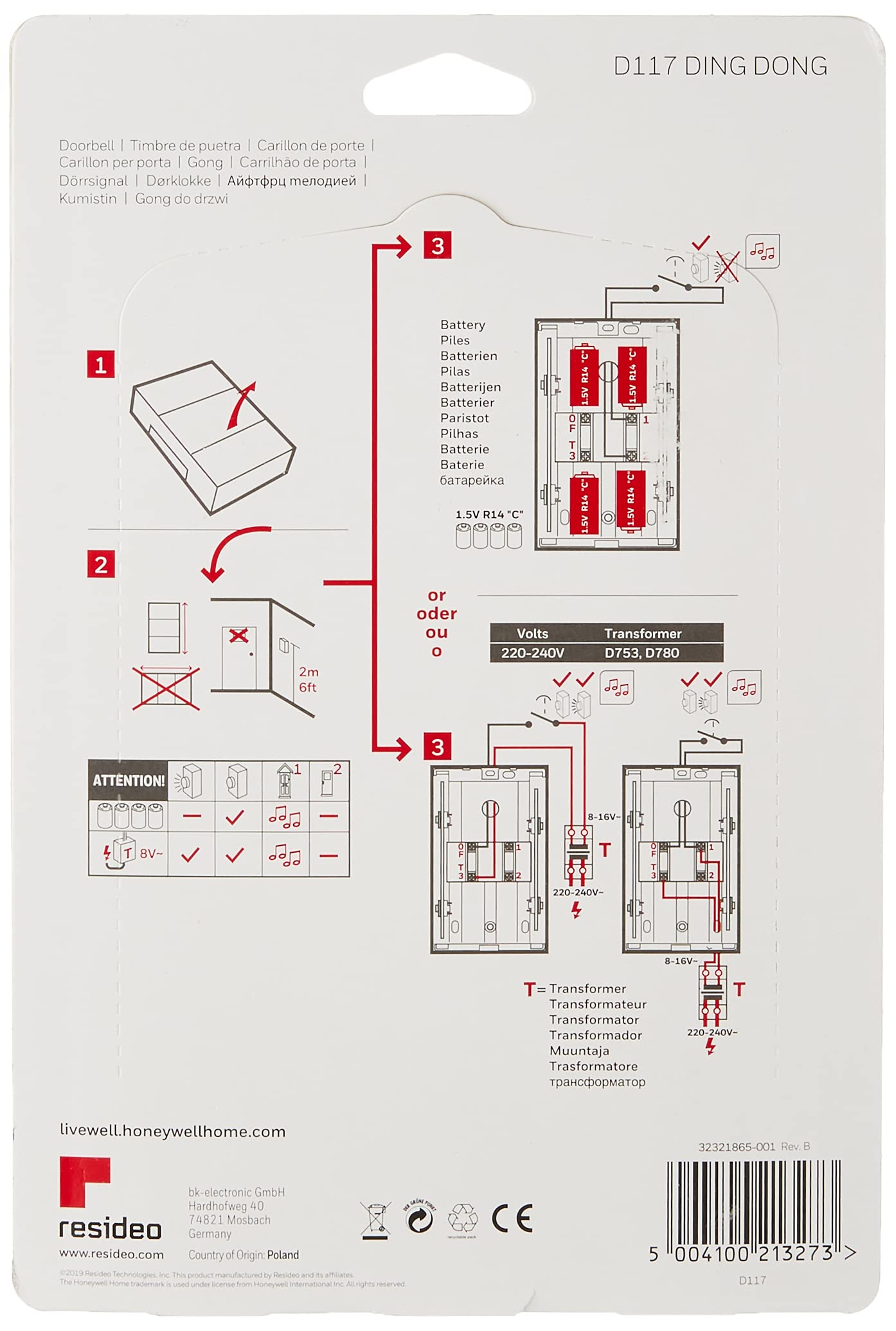 Honeywell Home D117 8V Ding Dong 2 Note Doorbell, White